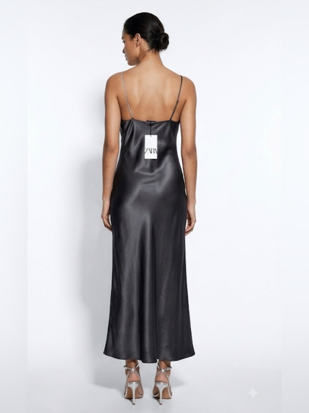 Zara Black Satin Cowl Slip Dress with Chain Strap - Picture 2 of 7